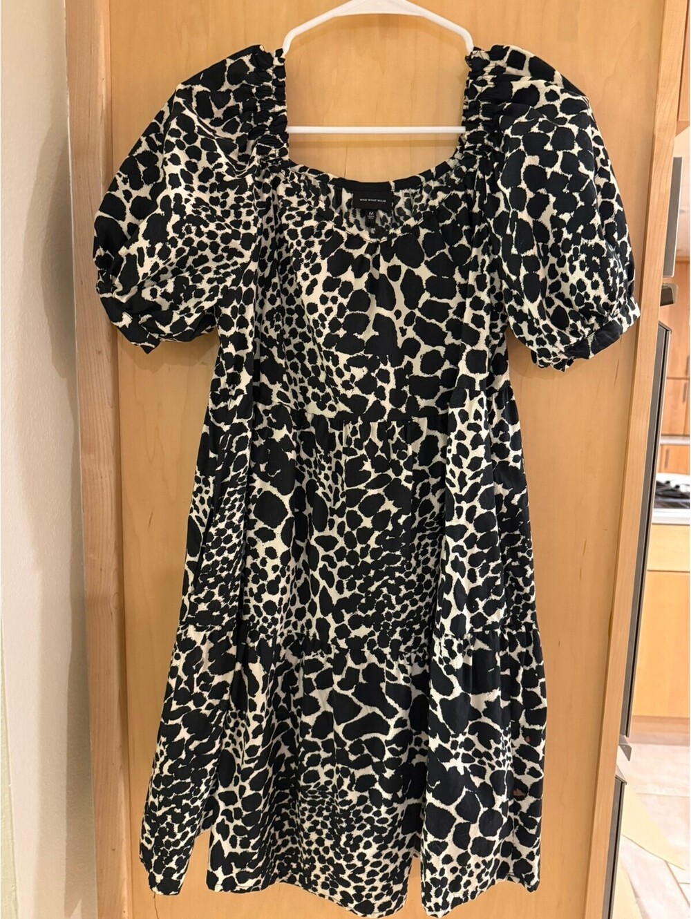 Who What Wear Animal Print Babydoll Dress Medium Puff Sleeve Black Ivory
